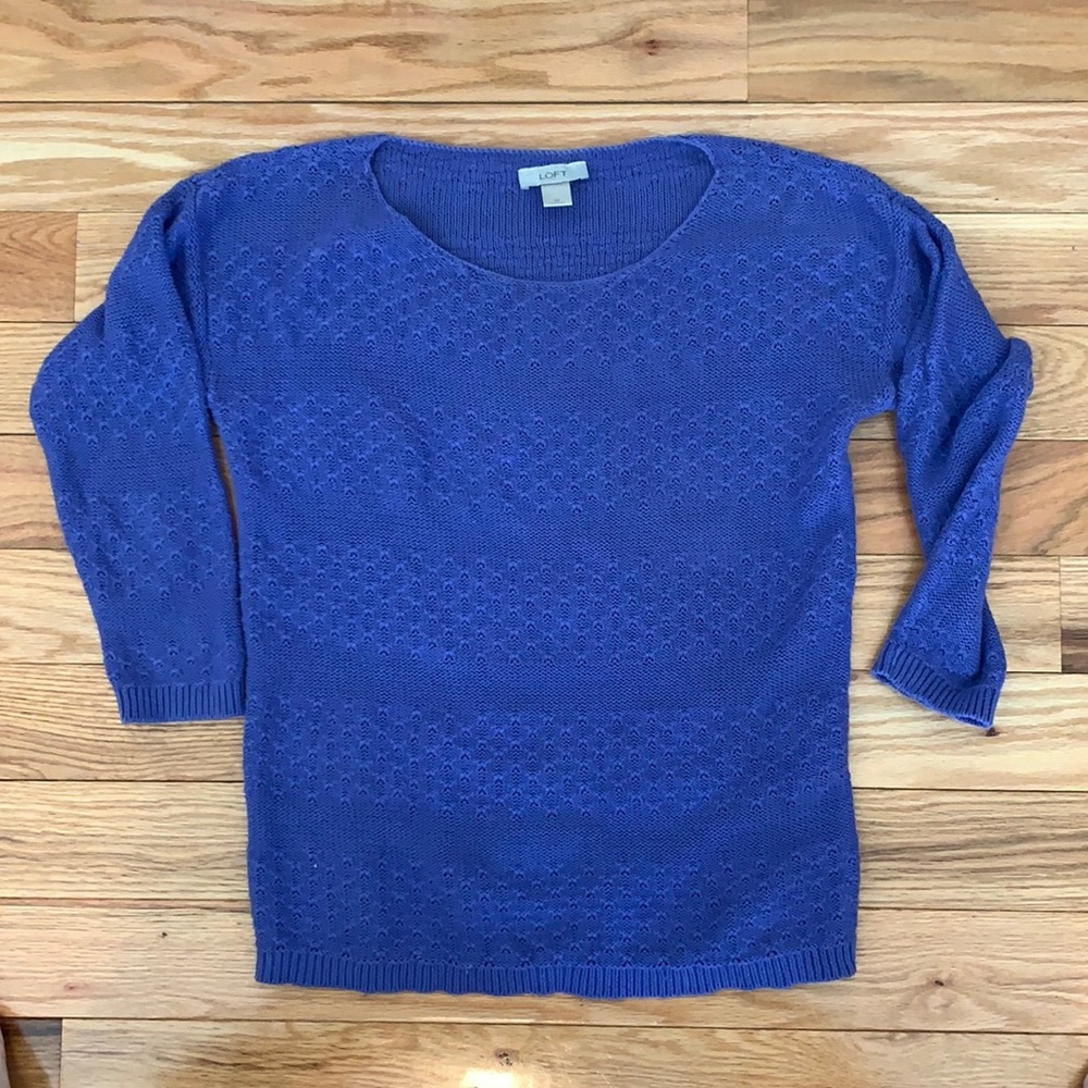 Loft purpleblue sweater. It’s a medium and more lightweight.